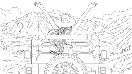 Vector illustration, Girl travels by car in the mountains, coloring bookのイラスト素材