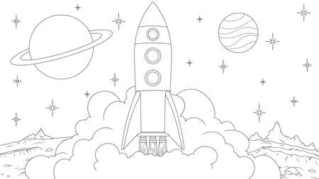 Vector illustration, spaceship, rocket, takes off from the surface of the planet, coloring book.のイラスト素材