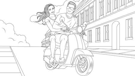 Vector illustration, a young beautiful couple in love ride a moped through the city streets, coloring book.のイラスト素材