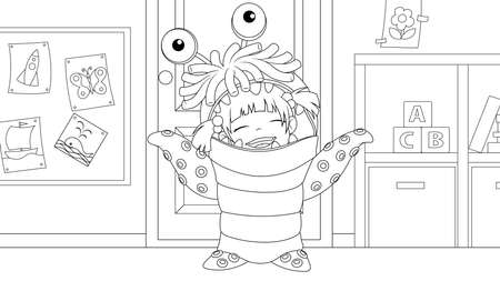 Vector illustration, cheerful cute child dressed in a monster costume for a holiday, coloring book.のイラスト素材