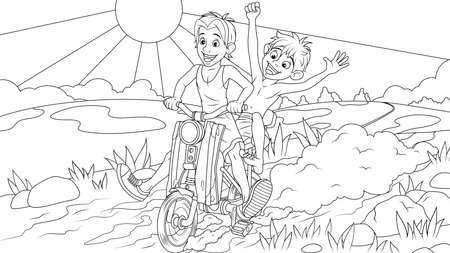 Vector illustration, cheerful children ride bicycles in the countryside, coloring book.のイラスト素材
