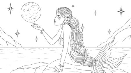 Vector illustration, a beautiful mermaid at night admires the moon on the shore, coloring bookのイラスト素材