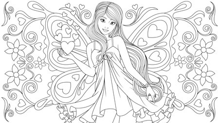 Vector illustration, cute beautiful fairy, book coloringのイラスト素材
