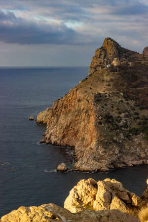 Rocky coast of the island of Crete in the Mediterranean Sea.