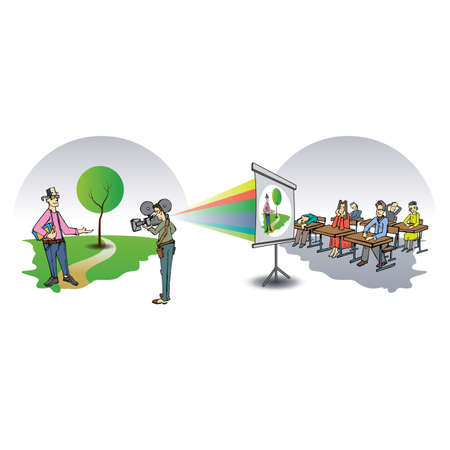 teacher giving a lecture to students using new technologiesのイラスト素材