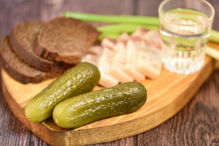 Pickled cucumbers and salted bread on a wooden board.の写真素材