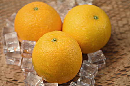 Oranges with ice cubes on a wooden background. close-up.の写真素材