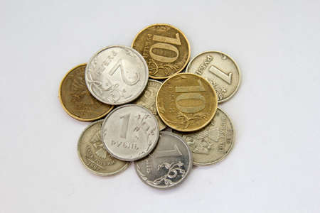 Ruble coins on a white backgroundの写真素材
