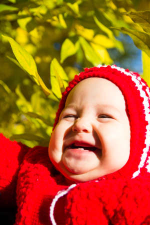 Portrait of a laughing baby on a background of yellow foliageの写真素材