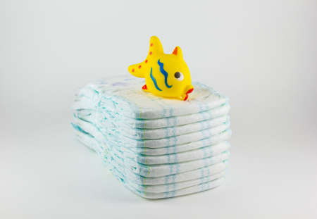 Baby diapers on a white backgroundの写真素材