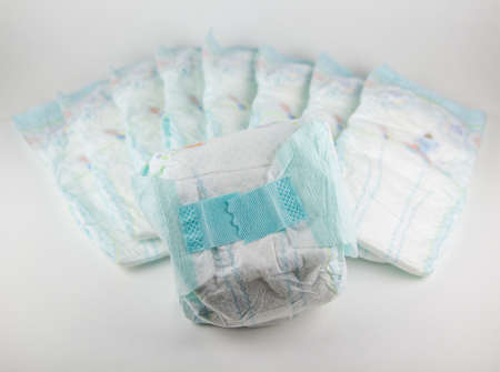 Baby diapers on a white backgroundの写真素材