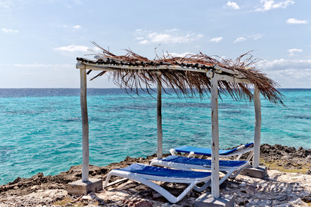 sun loungers and sun canopy against the backdrop of the seaの写真素材