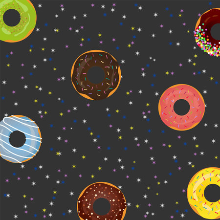 Sweet donuts with glaze in space adventure on a black background in the sky with starsのイラスト素材
