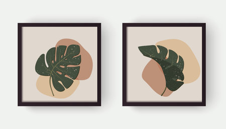 Modern abstract aesthetic background with geometric organic shapes and leaves monstera. Wall decor in boho style. Mid century vector print for cover, wallpaper, card, social media, interior decorのイラスト素材