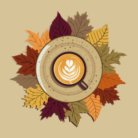 Autumn, fall leaves, hot cup of coffee on a plate against a background of leaves. Seasonal, morning coffee, still life concept.のイラスト素材