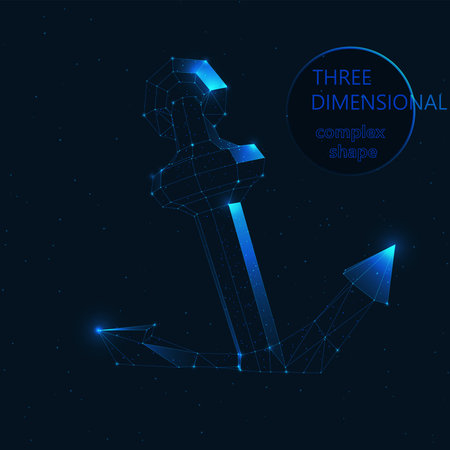 Abstract 3d polygonal wireframe low poly anchor on blue night sky with stars. Three-dimensional complex shape of the anchor. Abstract poster design. Geometric shape polygonal plexus background. Vectorのイラスト素材