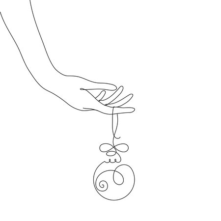Hand holding a Christmas decoration ball. Hand drawn vector illustration in line art style, isolated on a white background.のイラスト素材