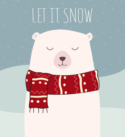 Hand drawn Christmas card with cute polar bear in a scarf, with quote Let it snow. Vector illustration in a flat style.のイラスト素材