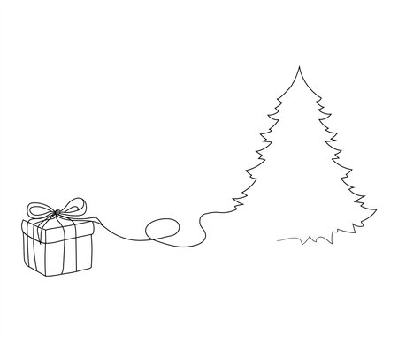 Continuous drawing of a Christmas tree and a gift. Vector minimalism for holiday celebration banner.のイラスト素材