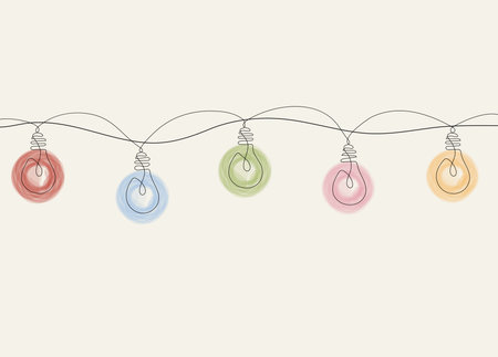 One line drawing of a Christmas garland of multi-colored light bulbs.のイラスト素材