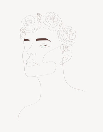 Woman with Flowers one line. Female Face with Flowers. Modern Minimalist Simple Linear Style.のイラスト素材