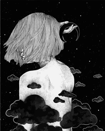 Girl with squares holding a month against a background of clouds. Illustration in black and white style.のイラスト素材