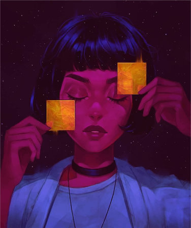 Anime girl with bob hairstyle holding blurry yellow squares.