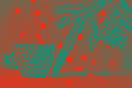 Christmas festive coffee background in colorful turquoise and red tones in the background. Coffee and New Year holidays. Coffee beans on a Christmas toy art object.の写真素材