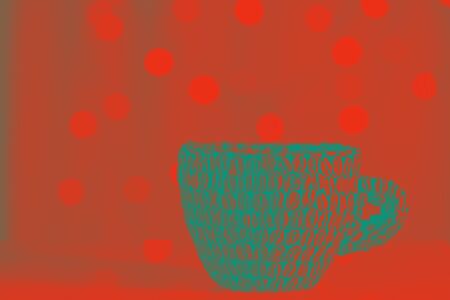 Art object coffee new year. Pop art in turquoise red tones cup of coffee and red background with red lights in bokeh. Ð¡up of coffee beans with natural ground coffee close-up.の写真素材