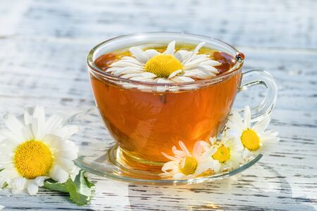 A cup of tea with chamomile, on which there is a ladybug, close-up, illuminated by sunlight, on a white wooden table.の写真素材