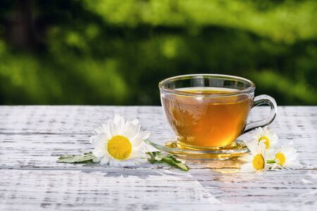 A cup of tea with chamomile, close-up, lit by sunlight, on a white wooden table.の写真素材