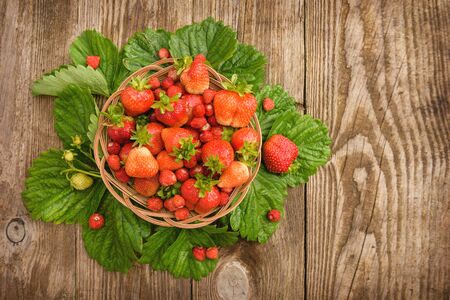 Ripe, juicy and red, strawberry in a plate close-up, on a wooden background.の写真素材