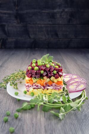 Traditional vegetarian Russian salad snack vinaigrette in a rustic recipe-
Beet Salad.の写真素材