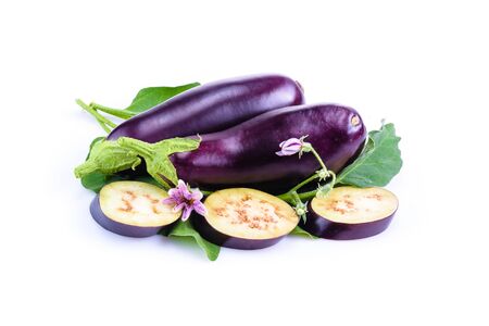 Eggplant slices on plate.Vegetables isolated on white background. Concept of healthy eating. Eggplant with slices isolated on white background. healthy food.の写真素材