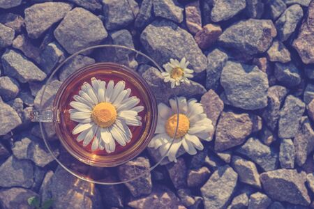 A cup of tea with a white chamomile, close-up, lit by a warm sunlight, standing on granite stonesの写真素材
