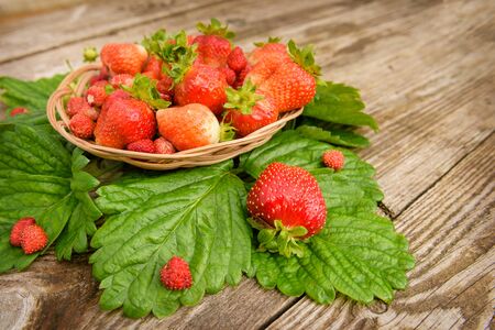 Ripe, juicy and red, strawberry in a plate close-up, on a wooden background.の写真素材