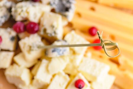 Selective focus. Natural cheeses slices, side view. Pieces cheese on natural background. Cheese with mold close-up. Different sorts cheese on wooden board.の写真素材