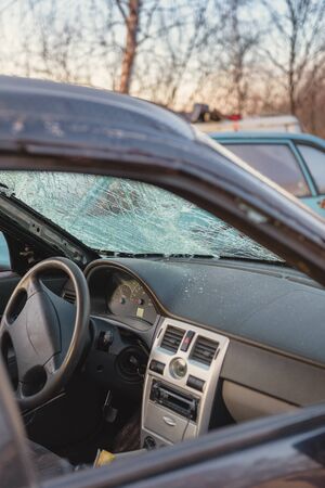 Broken windshield in the car after the accident.の写真素材
