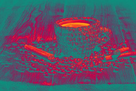 Coffee Cup Table Wood Grain coffee Side view Cinnamon stick Close-up Pop Art. Natural arabica coffee...