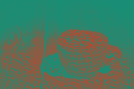 Pop Art Coffee in Red Turquoise Colors. Coffee Cup Table Tree Coffee Grain Horizontal. Background for coffee beans in dark colors for the phone. Cup of coffee beans wooden table with scattered coffee grains.の写真素材