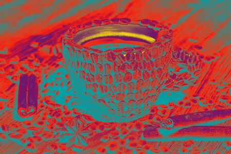 Pop Art Coffee in Red Turquoise Yellow Paints Top View. Cup of coffee beans wooden table with sprinkled coffee grains of cinnamon sticks and star anise.の写真素材