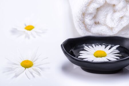 Spa treatment concept with terry towel and black plate with liquid in which white daisy floats. Natural oils for SPA. White terry towel and white daisies lying white background. の写真素材