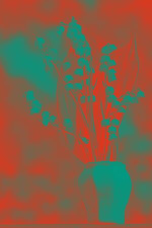 Abstract pop art flower in spring red and red turquoise trendy tinted colors. Lily of the valley. Toned feshenny floral background in red blue tones. Art object spring flower.の写真素材