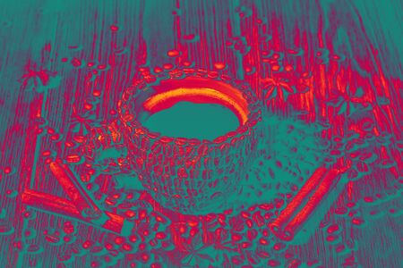 Pop art background in coffee decoration in turquoise red scarlet shades close-up. Natural arabica coffee beans close-up macro in pop art style in red turquoise colors.の写真素材