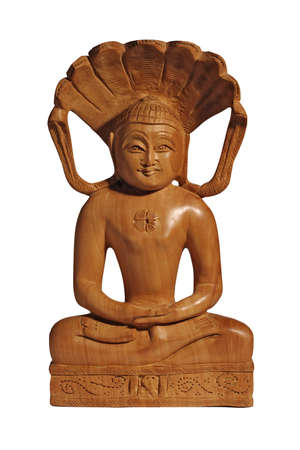 Wooden Buddha statuette with smile isolated over white background. Mass production souvenir.