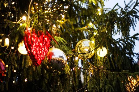 Christmas tree with red and yellow ballsの写真素材