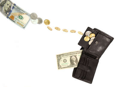 running out of money in your wallet, change and small bills that were left in your walletの写真素材