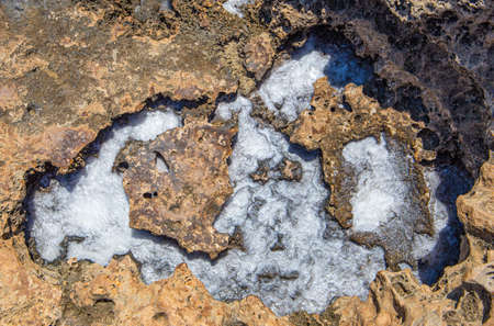 the rocky seashore in the form of rocks and depressions, against the background of the rock, as an...