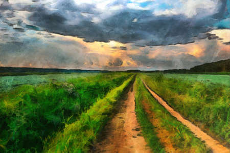 oil painting road through a field in the countrysideの写真素材