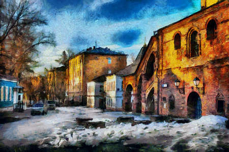 oil painting early spring in the cityの写真素材